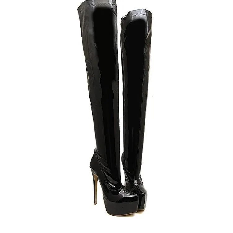 Patent Leather Chunky Heel Over Knee Boots Over Knee Side Zipper Heeled Boots