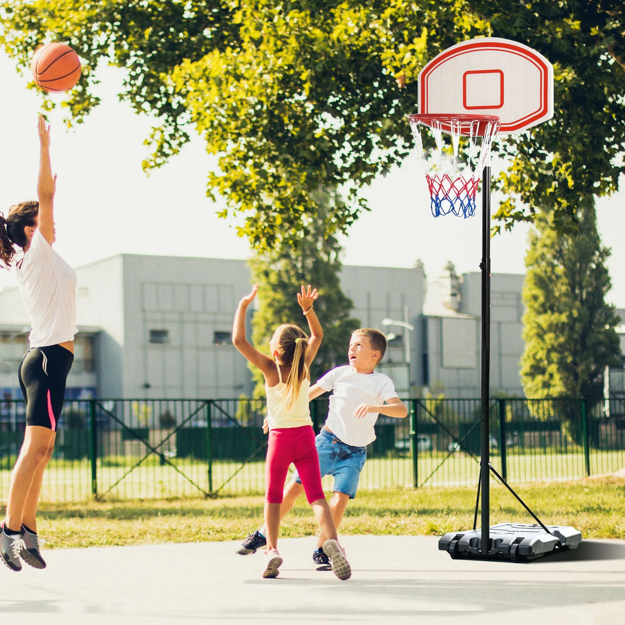 Portable Basketball Stand 175-215cm Adjustable Height Sturdy Rim Hoop w/ Large Wheels Stable Base Net Free Standing