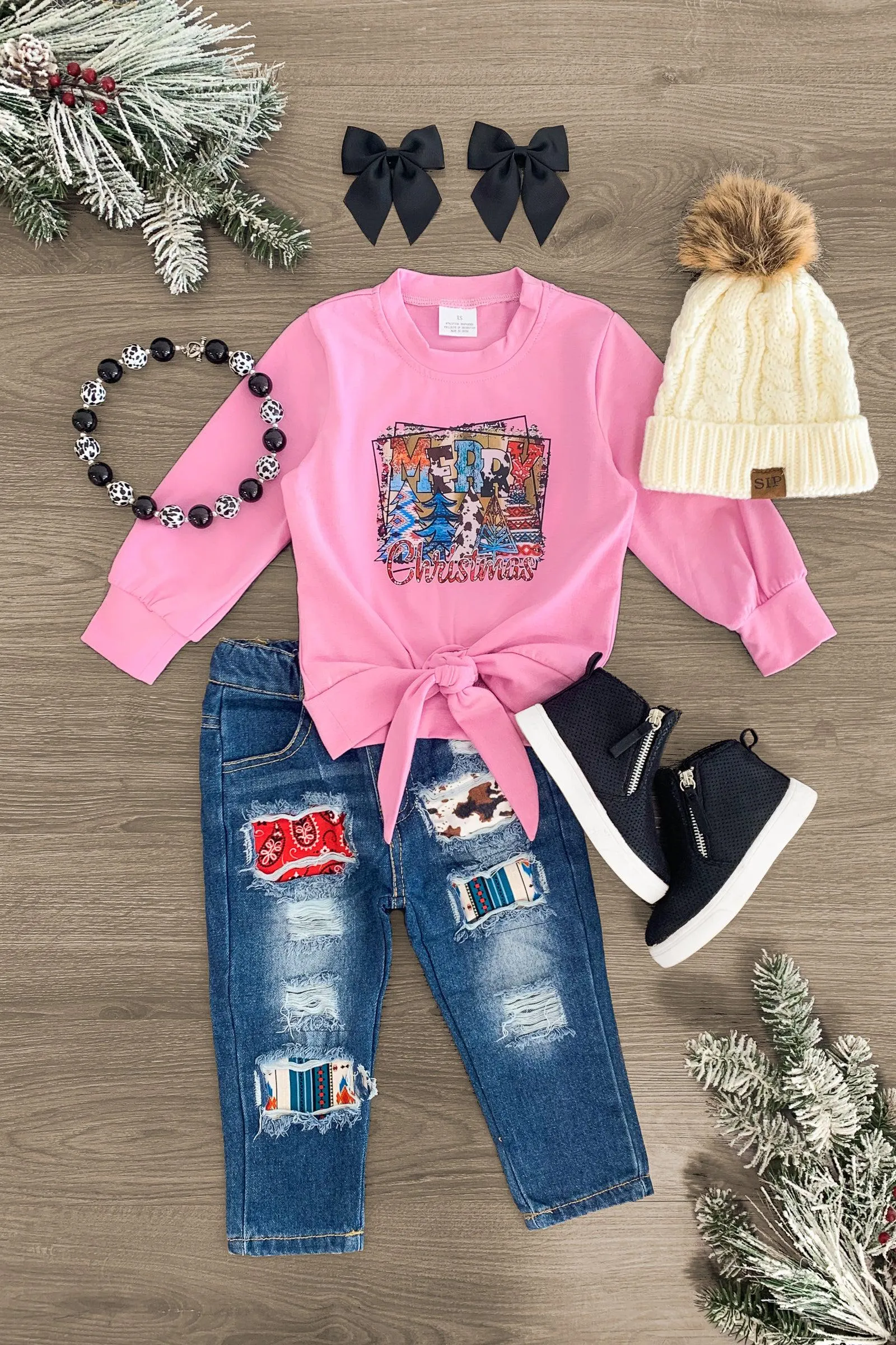 "Merry Christmas" Pink Distressed Denim Pant Set