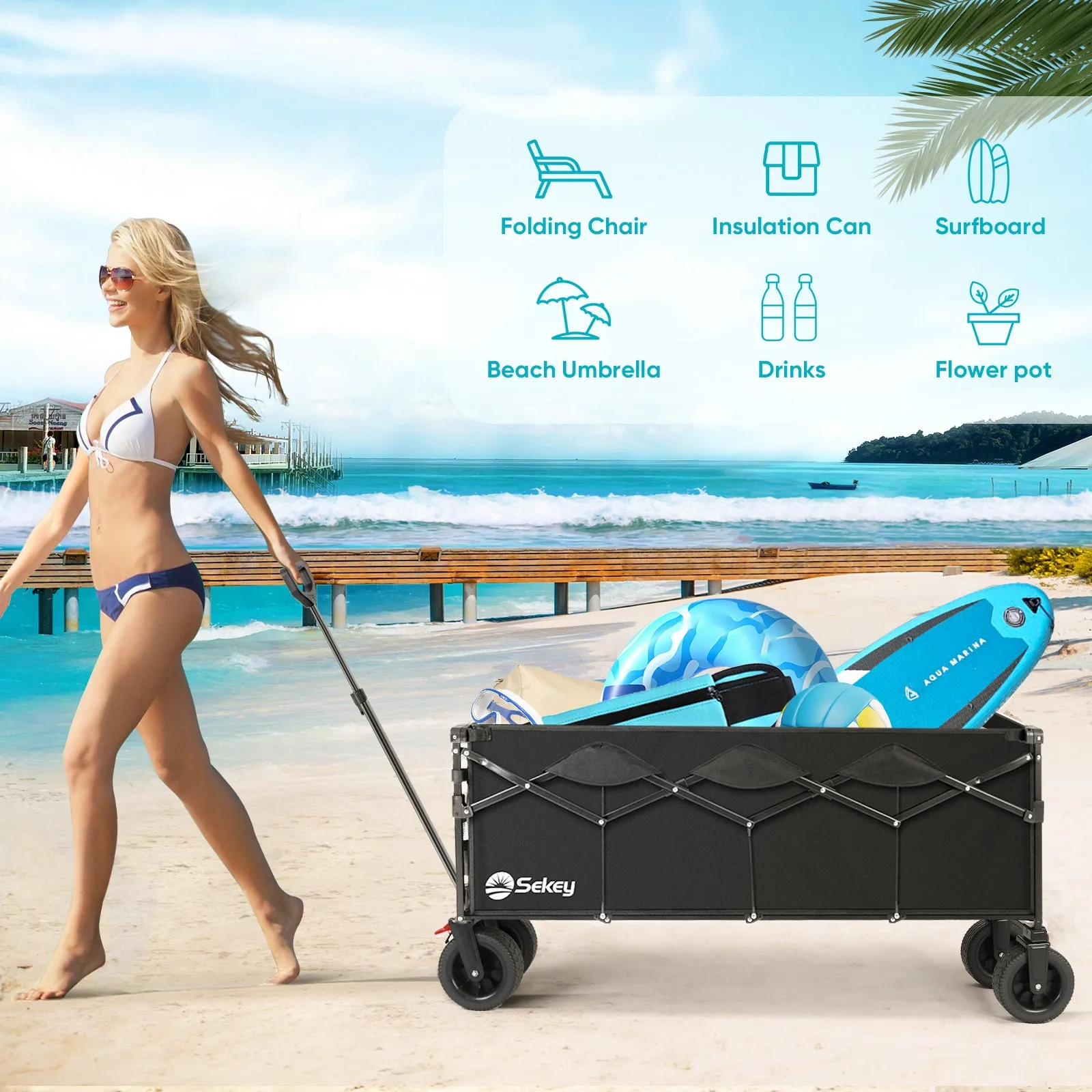 Sekey 400L Beach Extended Wagon, Large Capacity 440LBS Collapsible Wagon Cart, Heavy Duty 52" Foldable Folding Utility Wagon with Big All-Terrain Wheels for Camping, Garden, Sports