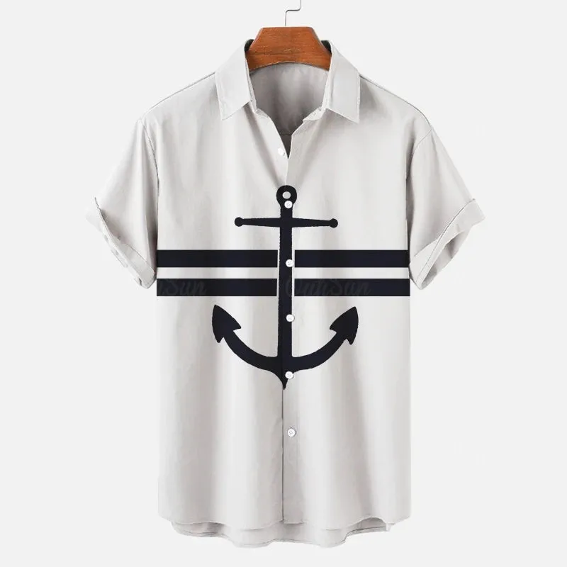 Simple Men's Shirt 3d Ship Anchor Striped Print Short Sleeved Shirt Beach Casual Hawaiian Shirt For Men Loose Oversized New Tops