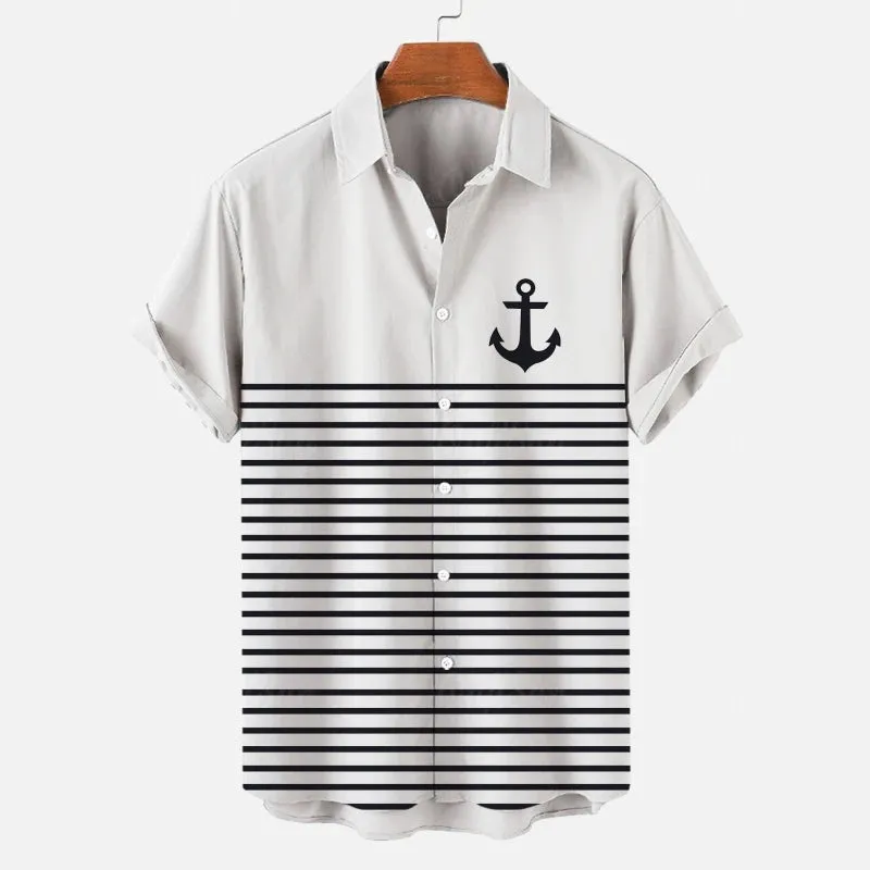 Simple Men's Shirt 3d Ship Anchor Striped Print Short Sleeved Shirt Beach Casual Hawaiian Shirt For Men Loose Oversized New Tops