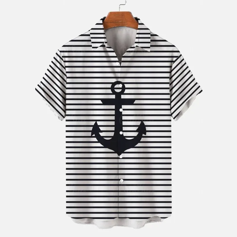 Simple Men's Shirt 3d Ship Anchor Striped Print Short Sleeved Shirt Beach Casual Hawaiian Shirt For Men Loose Oversized New Tops