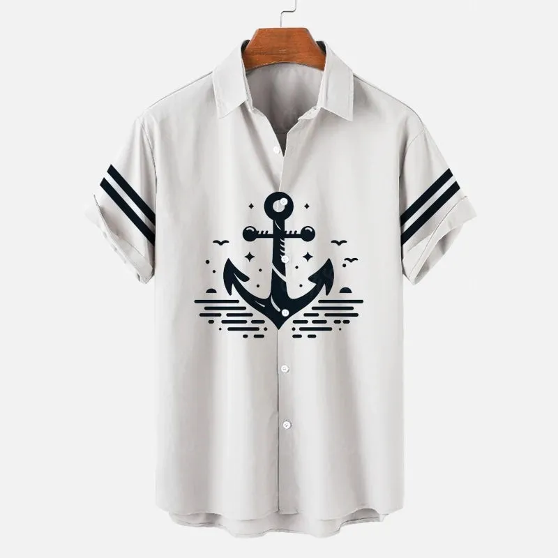 Simple Men's Shirt 3d Ship Anchor Striped Print Short Sleeved Shirt Beach Casual Hawaiian Shirt For Men Loose Oversized New Tops