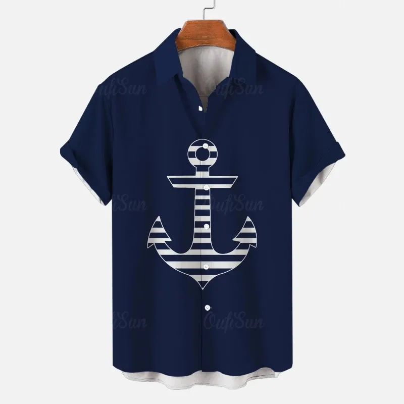 Simple Men's Shirt 3d Ship Anchor Striped Print Short Sleeved Shirt Beach Casual Hawaiian Shirt For Men Loose Oversized New Tops