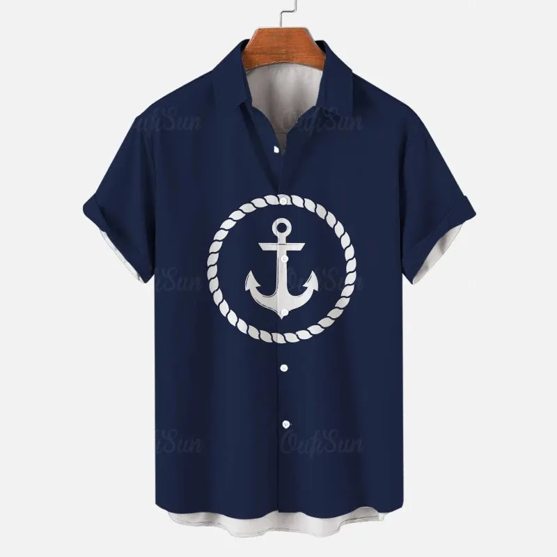 Simple Men's Shirt 3d Ship Anchor Striped Print Short Sleeved Shirt Beach Casual Hawaiian Shirt For Men Loose Oversized New Tops