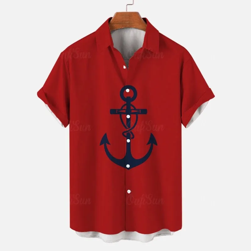 Simple Men's Shirt 3d Ship Anchor Striped Print Short Sleeved Shirt Beach Casual Hawaiian Shirt For Men Loose Oversized New Tops