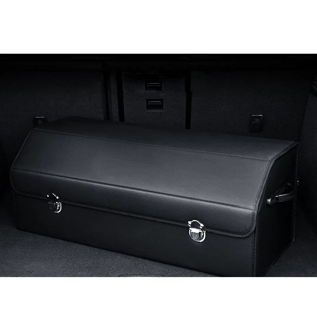 SOGA Leather Car Boot Collapsible Foldable Trunk Cargo Organizer Portable Storage Box With Lock Black Large