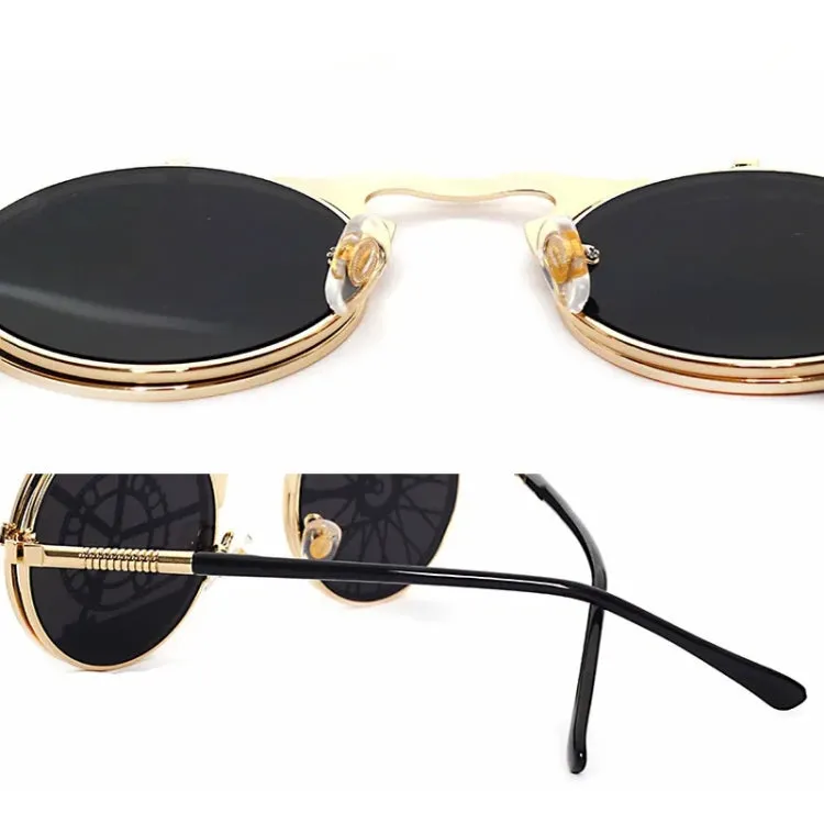 Steampunk Sunglasses Round Metal Flip Up Glasses For Men and Women, Style: Gold Clock C8