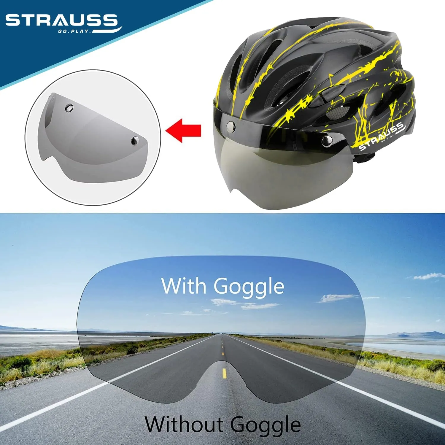 Strauss Cycling Helmet with Magnetic Goggles | Light Weight with Superior Ventilation | Mountain, Road Bike & Skating Helmet | Adjustable Strap | Ideal for Men and Women, (Green/Black)