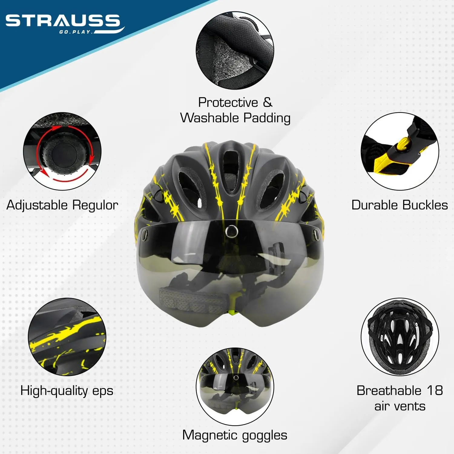 Strauss Cycling Helmet with Magnetic Goggles | Light Weight with Superior Ventilation | Mountain, Road Bike & Skating Helmet | Adjustable Strap | Ideal for Men and Women, (Green/Black)