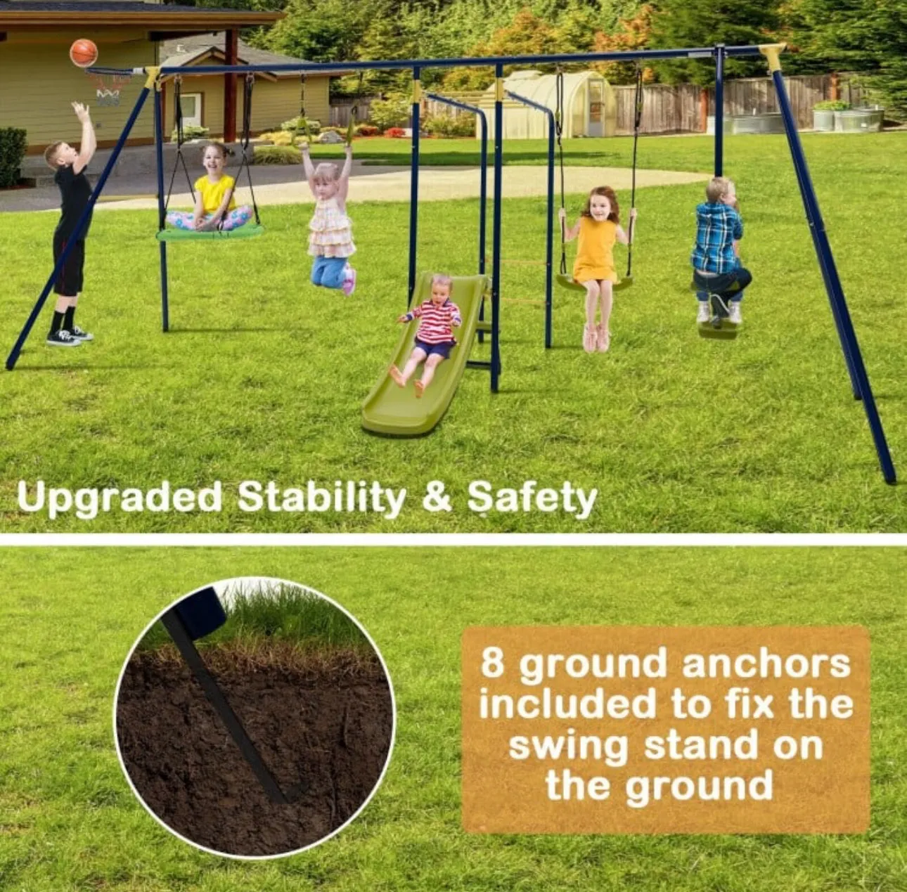 Super Fun 7-in-1 A Shaped Playground | Saucer Swing | U Shape Swing | Gym Rings | 2 Person Glide | Basketball Hoop | Slide | Monkey Bars