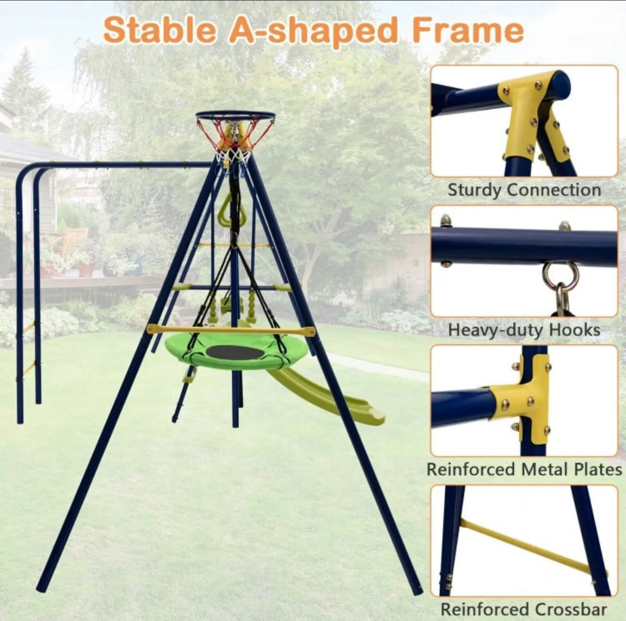 Super Fun 7-in-1 A Shaped Playground | Saucer Swing | U Shape Swing | Gym Rings | 2 Person Glide | Basketball Hoop | Slide | Monkey Bars