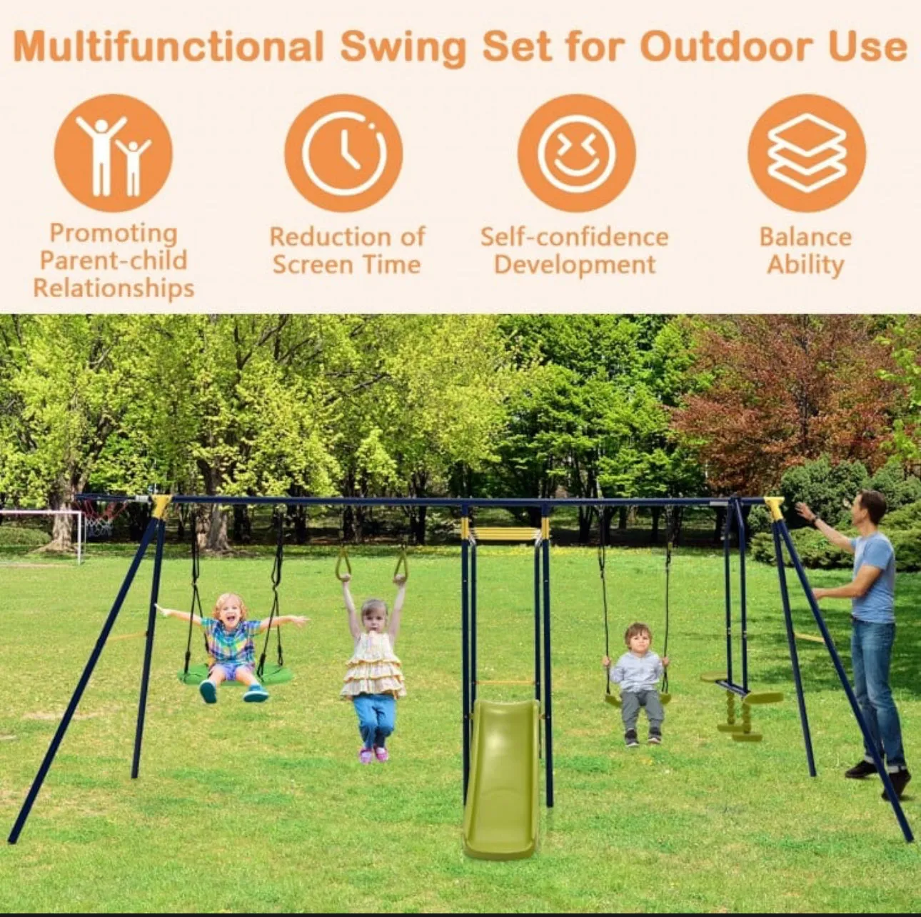 Super Fun 7-in-1 A Shaped Playground | Saucer Swing | U Shape Swing | Gym Rings | 2 Person Glide | Basketball Hoop | Slide | Monkey Bars