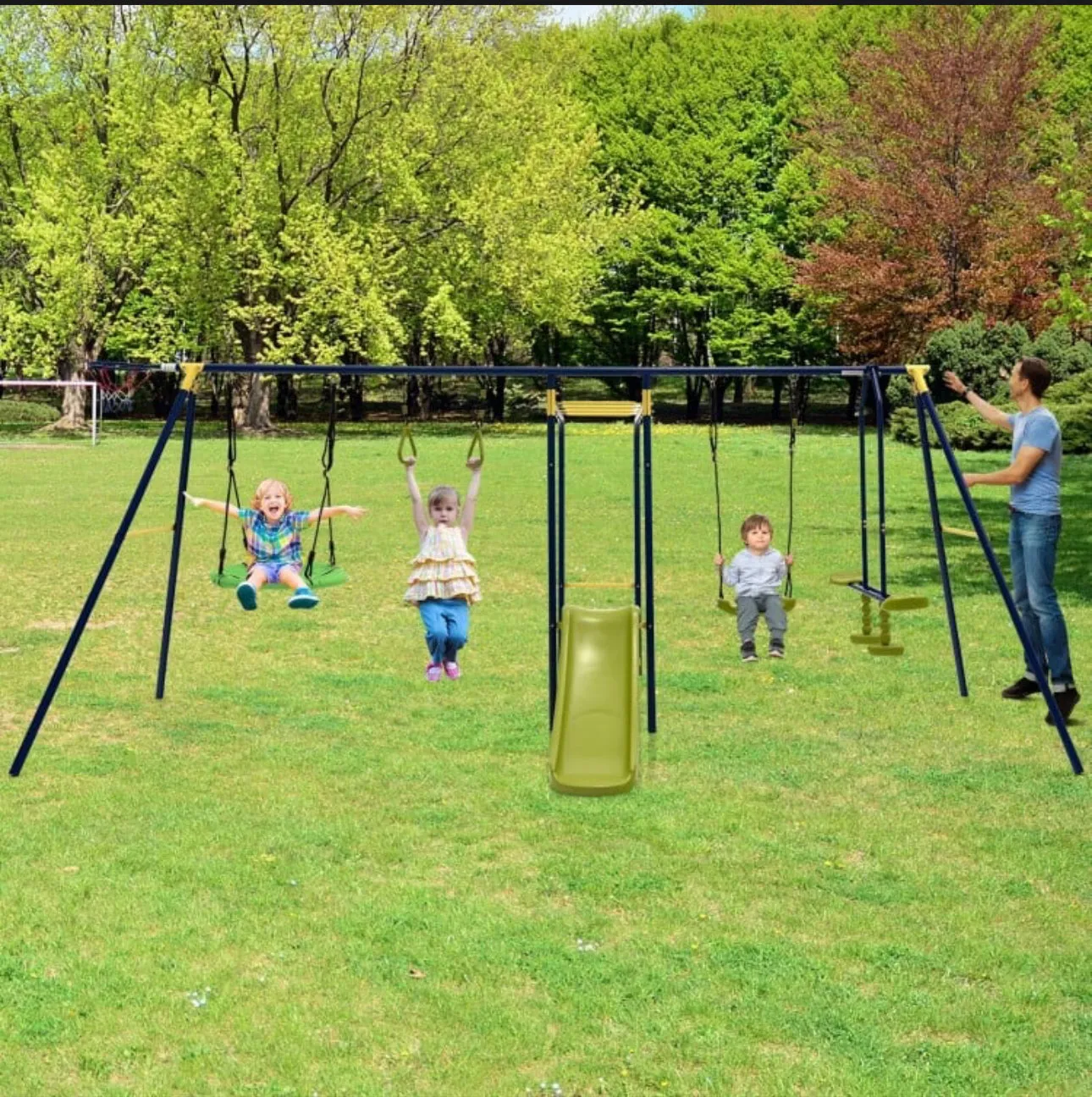 Super Fun 7-in-1 A Shaped Playground | Saucer Swing | U Shape Swing | Gym Rings | 2 Person Glide | Basketball Hoop | Slide | Monkey Bars