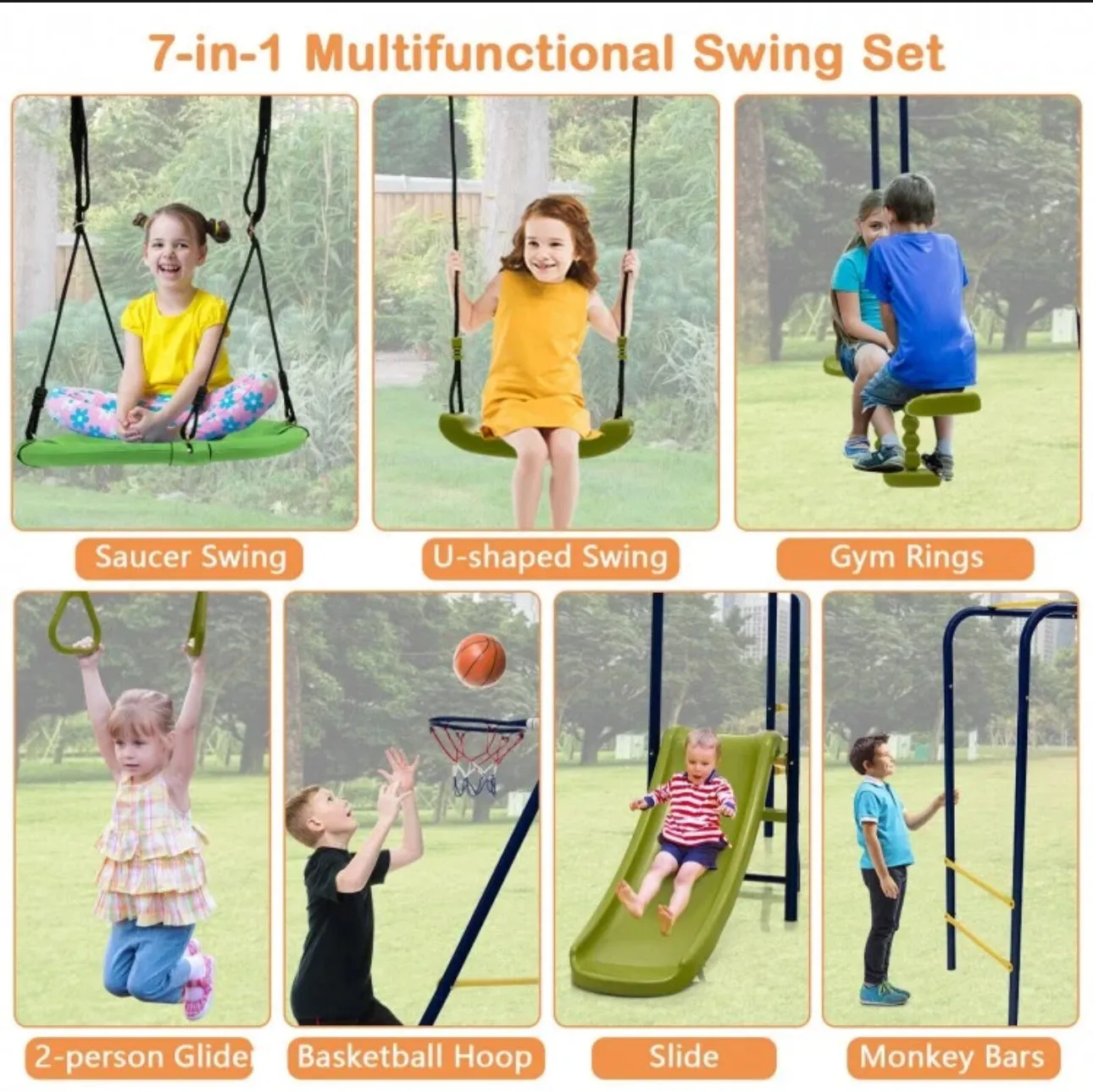 Super Fun 7-in-1 A Shaped Playground | Saucer Swing | U Shape Swing | Gym Rings | 2 Person Glide | Basketball Hoop | Slide | Monkey Bars