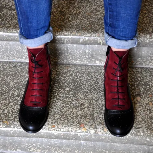 Tailor Made Bespoke Genuine Black Leather & Red Suede Brogue Laceup Womens Custom Boots