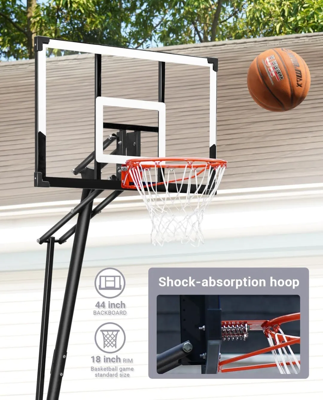 (Toys-Sports) WIN.MAX Portable Basketball Hoop Quickly Height Adjusted 4.9-10ft Outdoor/Indoor Basketball Goal System with 44 inch Backboard and Wheels