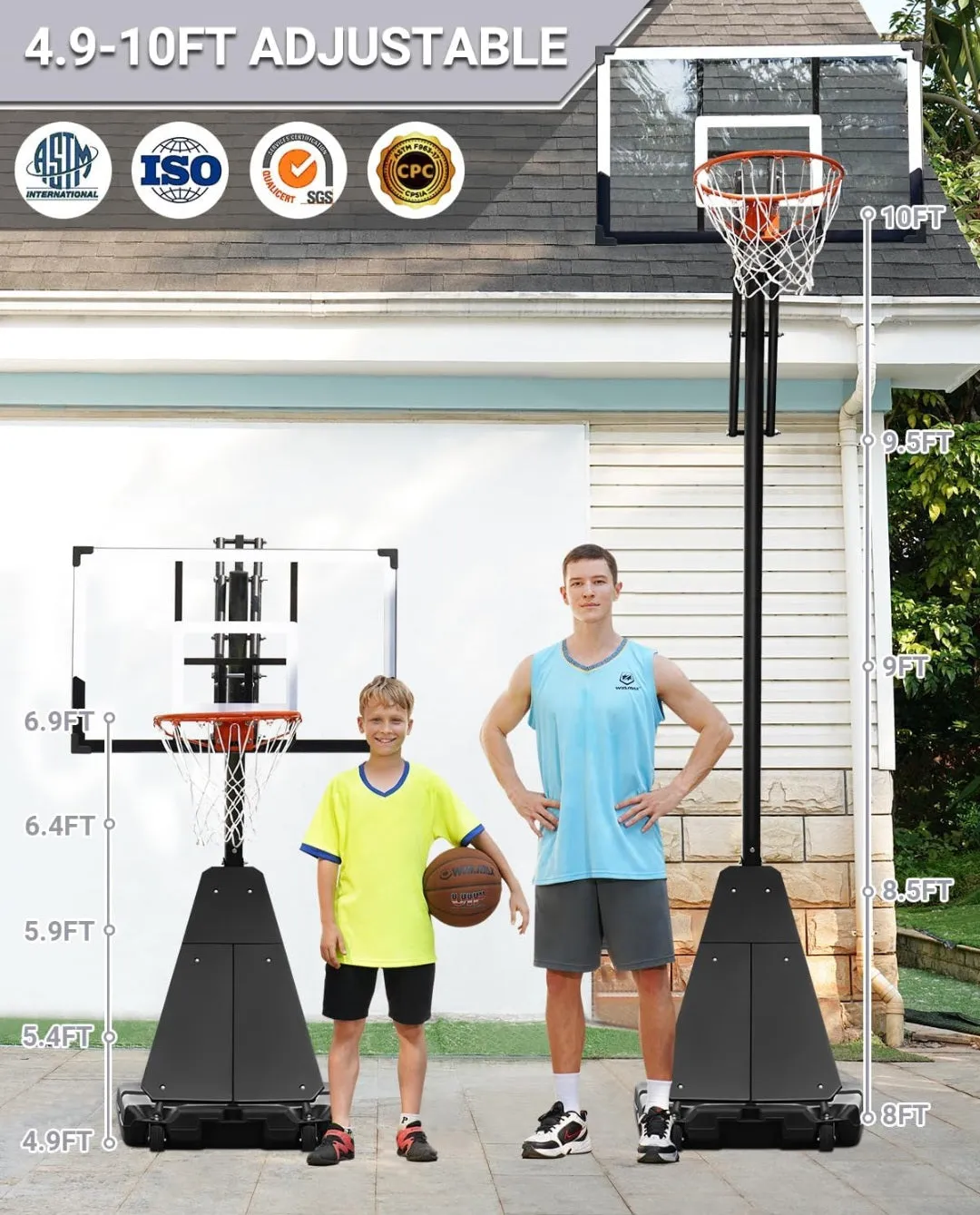 (Toys-Sports) WIN.MAX Portable Basketball Hoop Quickly Height Adjusted 4.9-10ft Outdoor/Indoor Basketball Goal System with 44 inch Backboard and Wheels