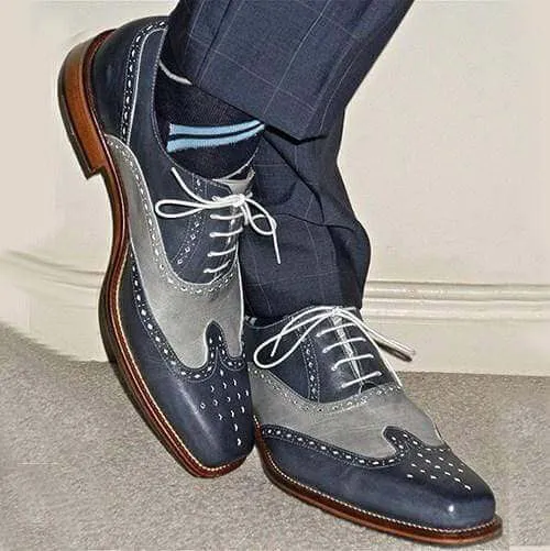 Two tone wing tip brogue Men Blue gray dress oxfords shoes