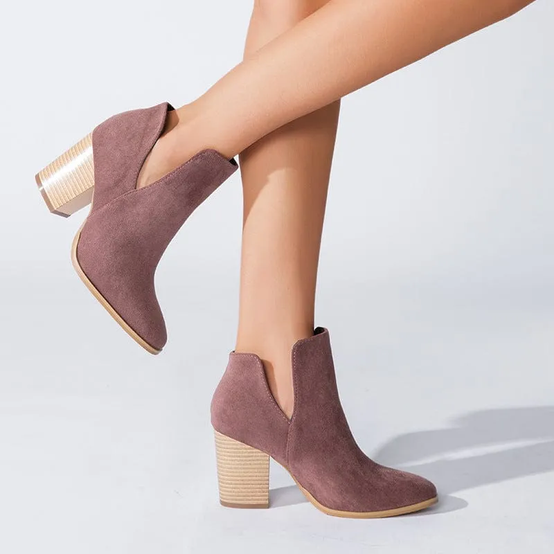 V Cut Block Heel Booties