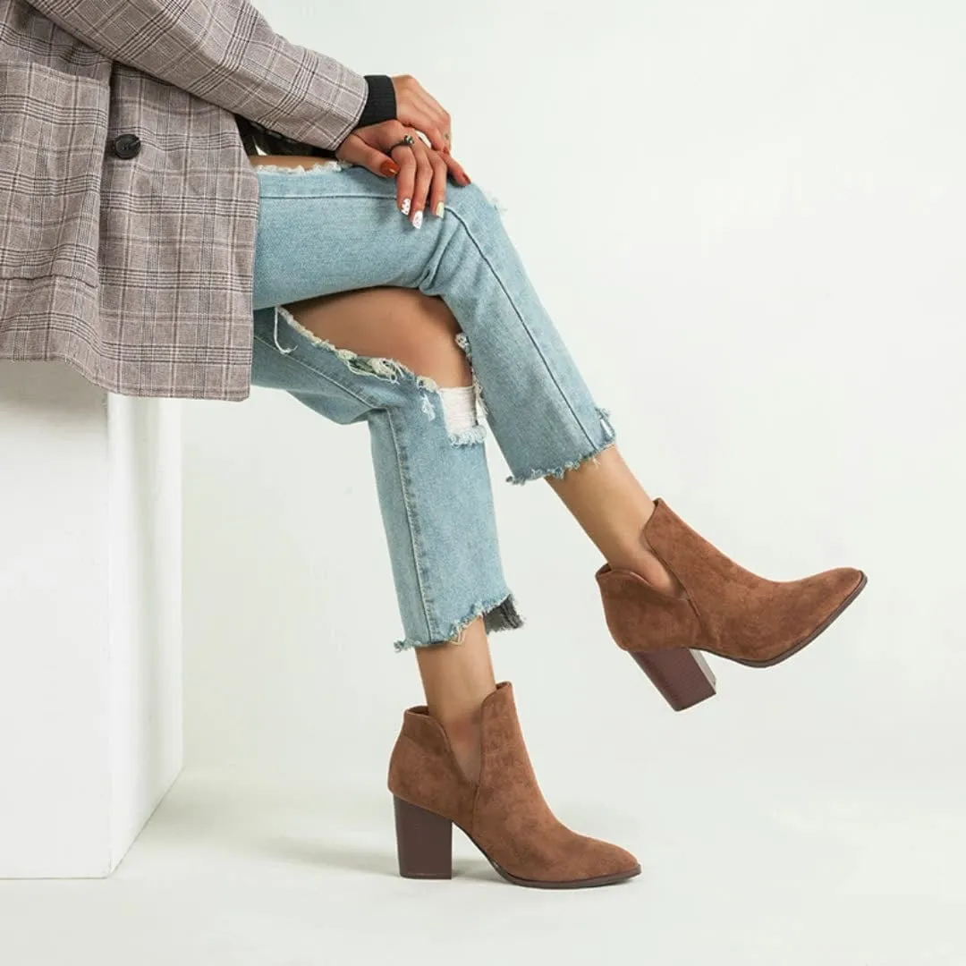 V Cut Block Heel Booties