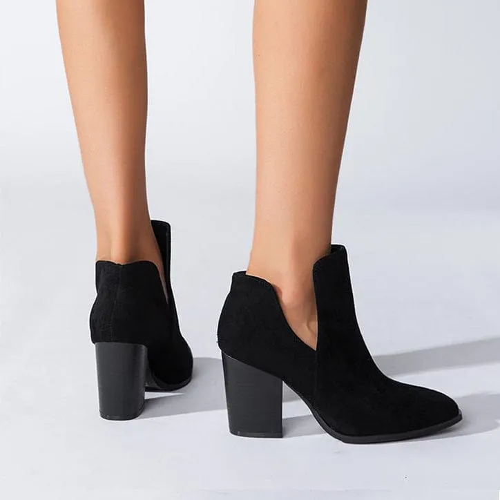 V Cut Block Heel Booties