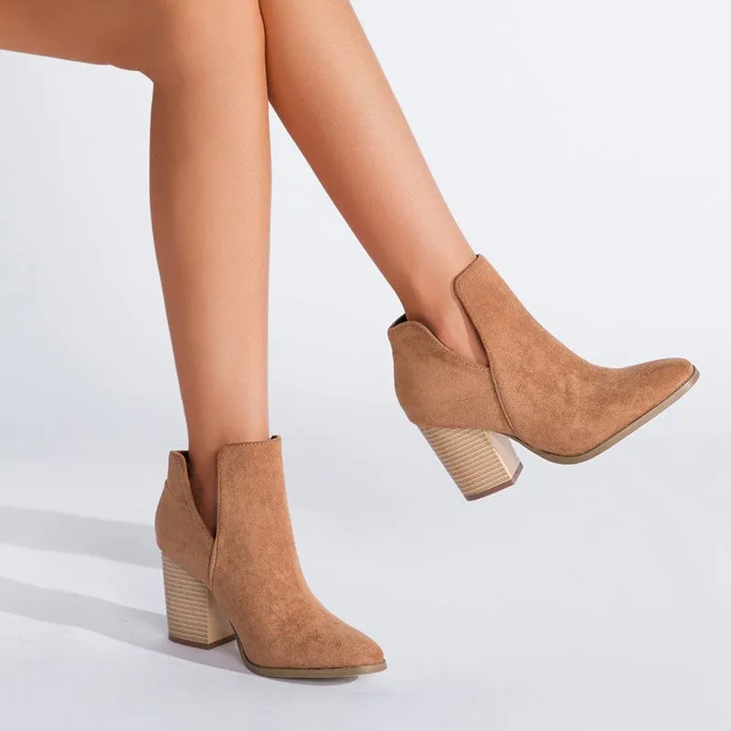 V Cut Block Heel Booties