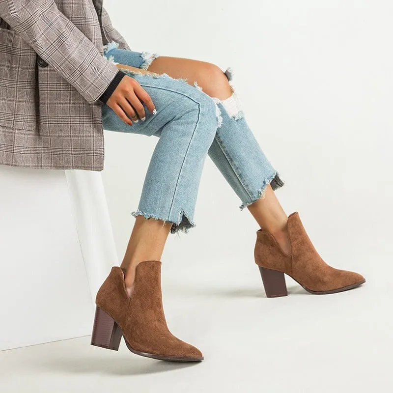 V Cut Block Heel Booties