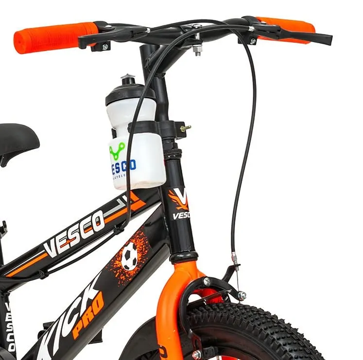 VESCO Kick Pro 16 Inch Kids Cycles with Adjustable Side Wheels | Water Bottle | Age for 5 to 8 Years Boys and Girls (Black-Orange)