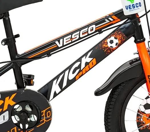 VESCO Kick Pro 16 Inch Kids Cycles with Adjustable Side Wheels | Water Bottle | Age for 5 to 8 Years Boys and Girls (Black-Orange)