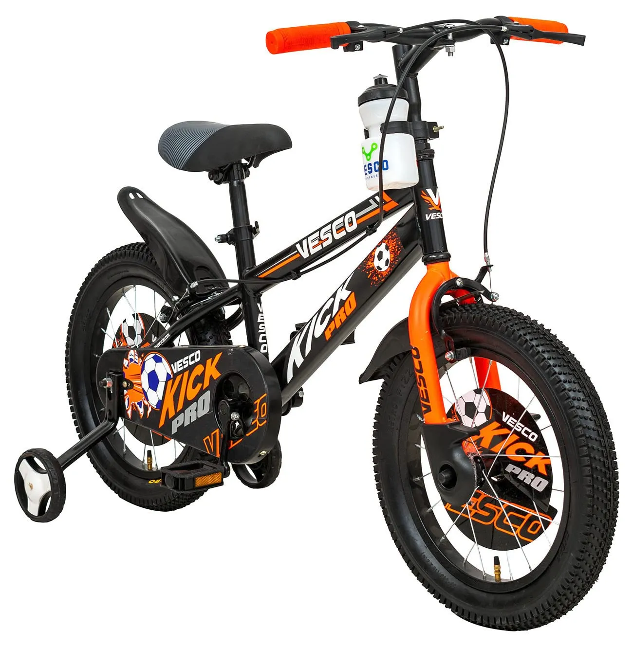 VESCO Kick Pro 16 Inch Kids Cycles with Adjustable Side Wheels | Water Bottle | Age for 5 to 8 Years Boys and Girls (Black-Orange)