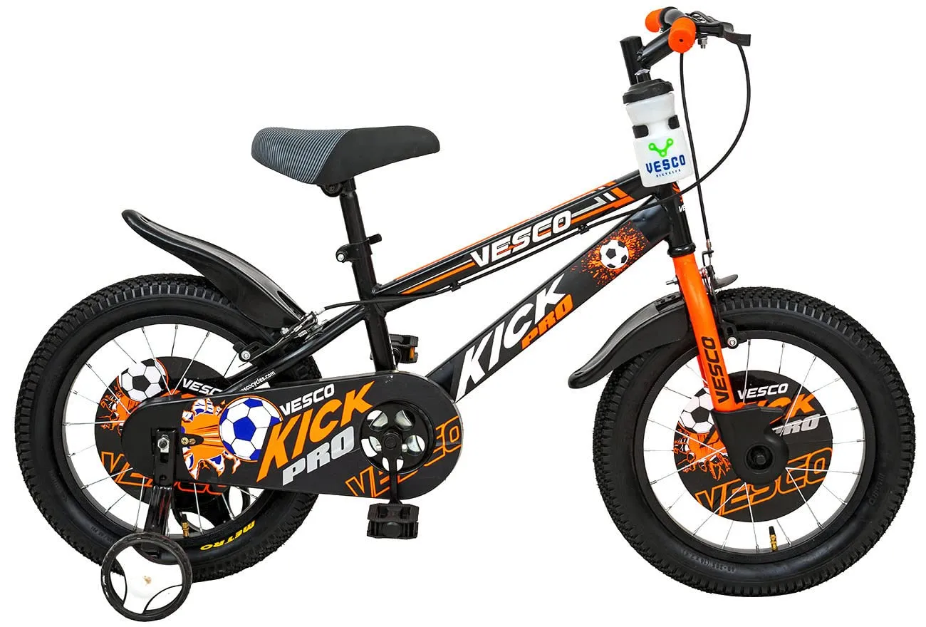 VESCO Kick Pro 16 Inch Kids Cycles with Adjustable Side Wheels | Water Bottle | Age for 5 to 8 Years Boys and Girls (Black-Orange)