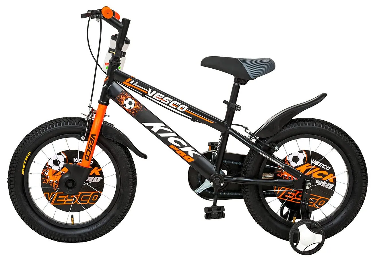 VESCO Kick Pro 16 Inch Kids Cycles with Adjustable Side Wheels | Water Bottle | Age for 5 to 8 Years Boys and Girls (Black-Orange)