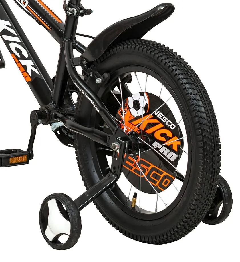 VESCO Kick Pro 16 Inch Kids Cycles with Adjustable Side Wheels | Water Bottle | Age for 5 to 8 Years Boys and Girls (Black-Orange)