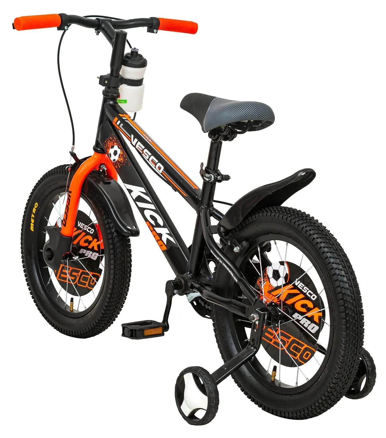 VESCO Kick Pro 16 Inch Kids Cycles with Adjustable Side Wheels | Water Bottle | Age for 5 to 8 Years Boys and Girls (Black-Orange)