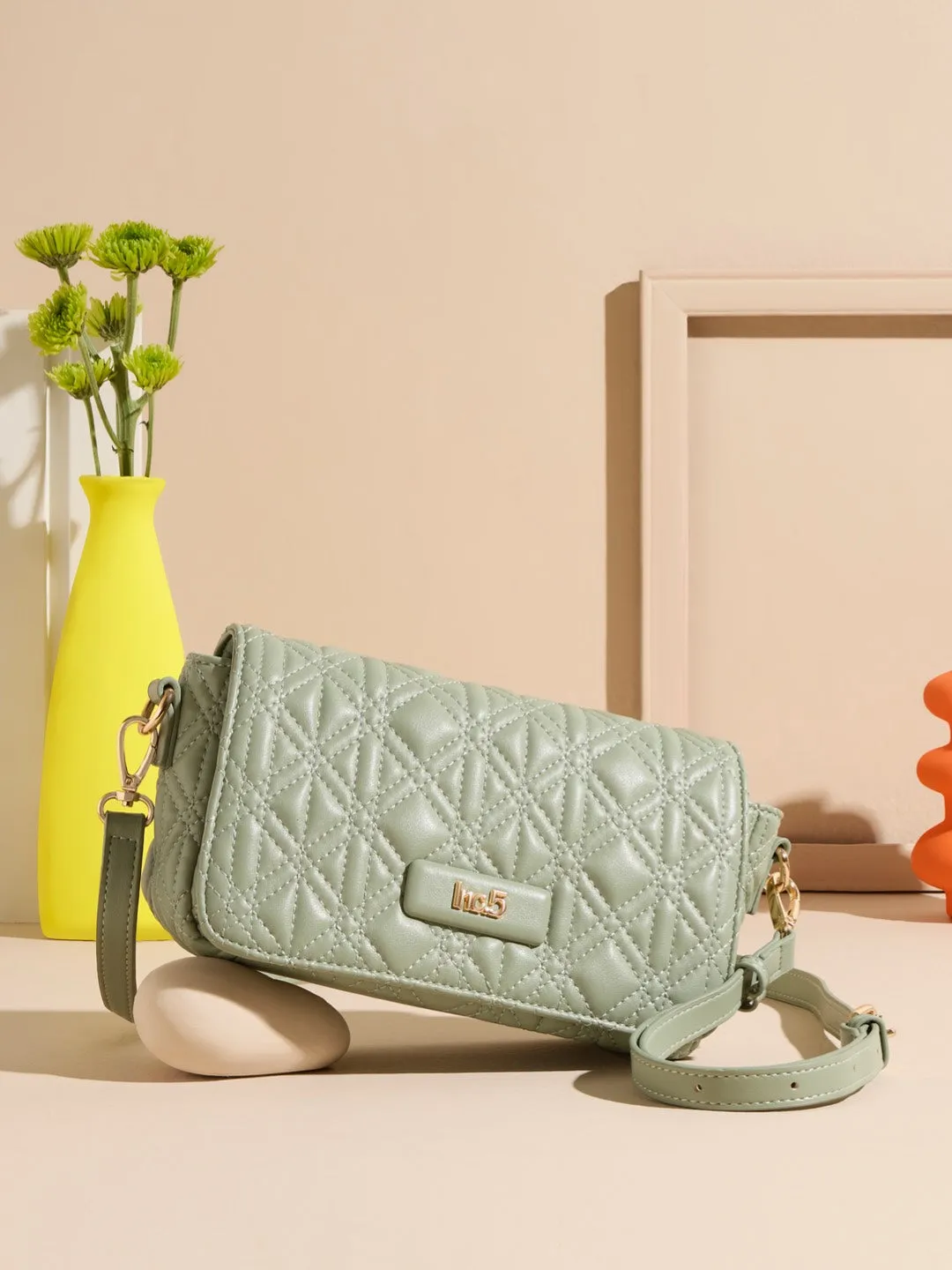 Women Pista Textured Structured Sling Bag With Quilted Detailing