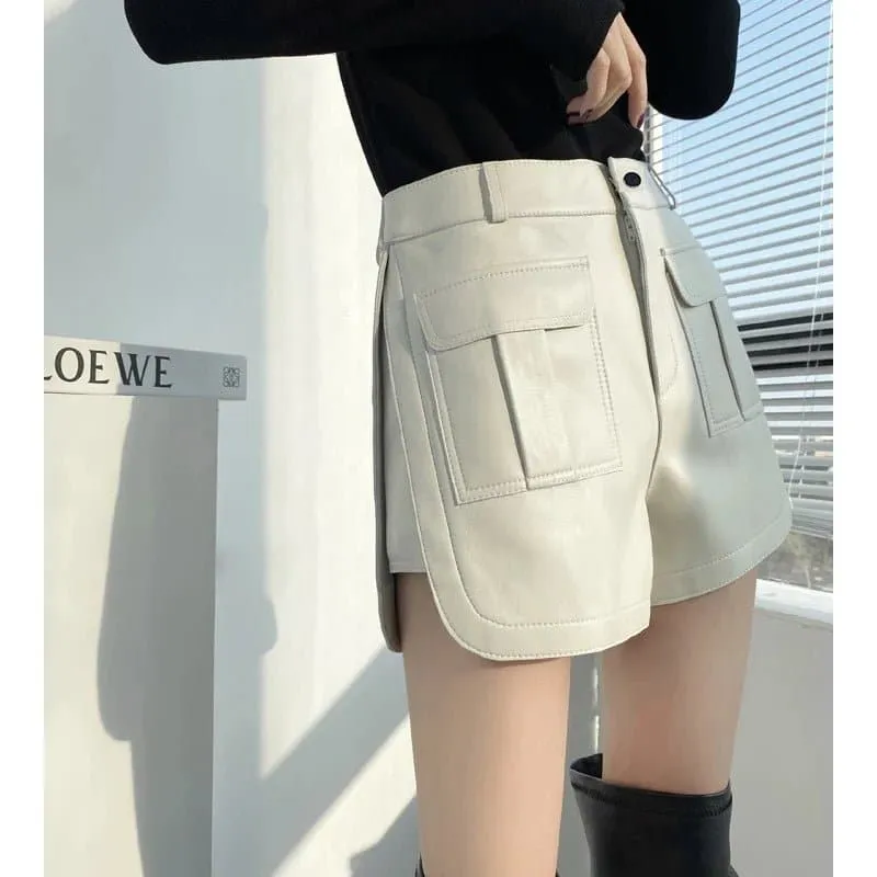 Women's Genuine Leather Shorts - High-Waisted Straight Fit All Season Sheepskin Shorts