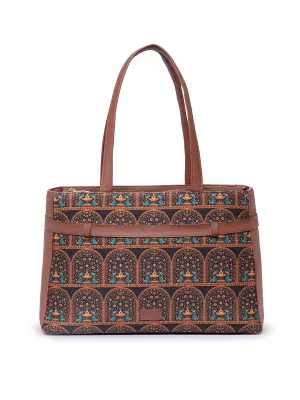 ZOUK Royal Indian Peacock Motif Printed Women's Jute Handcrafted Vegan Leather Multicolor Statement Office Shoulder Bag